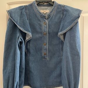LOFT Blue Denim Ruffle-Shoulder Snap Front Blouse